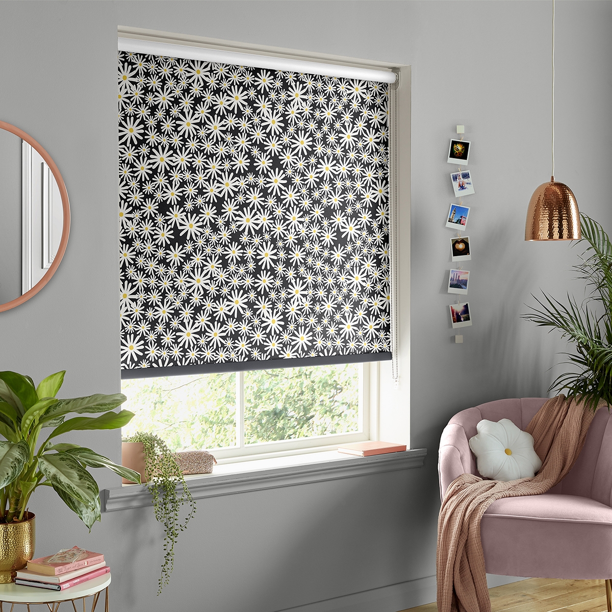 Product photograph of Skinny Dip Daisy Black Roller Blind from Choice Furniture Superstore.
